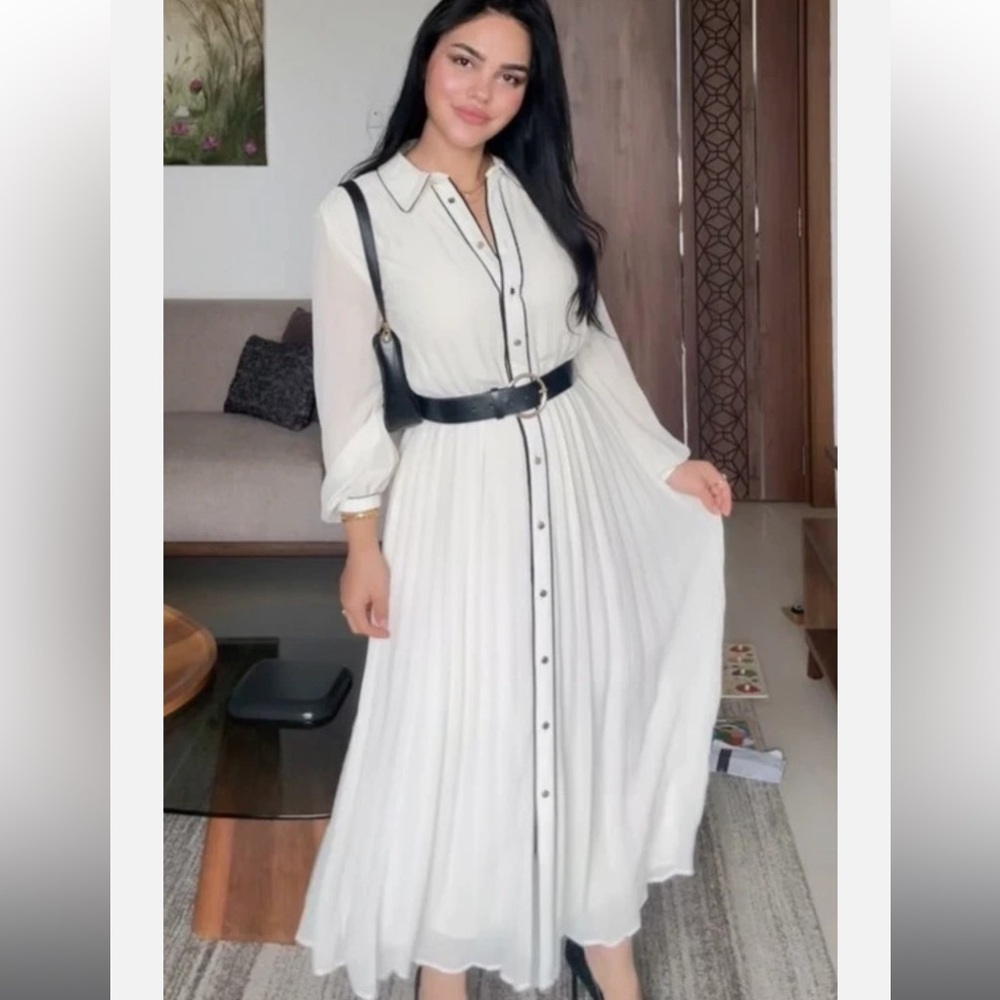 Zara White Long Sleeve Dress with Black Details